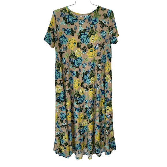 Jacey Lane Floral Midi T Shirt Dress Womens Medium Tan Yellow Swing Cottagecore - Picture 1 of 8